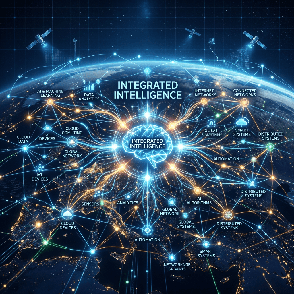 Digital global network linking AI, cloud computing, IoT, and smart systems